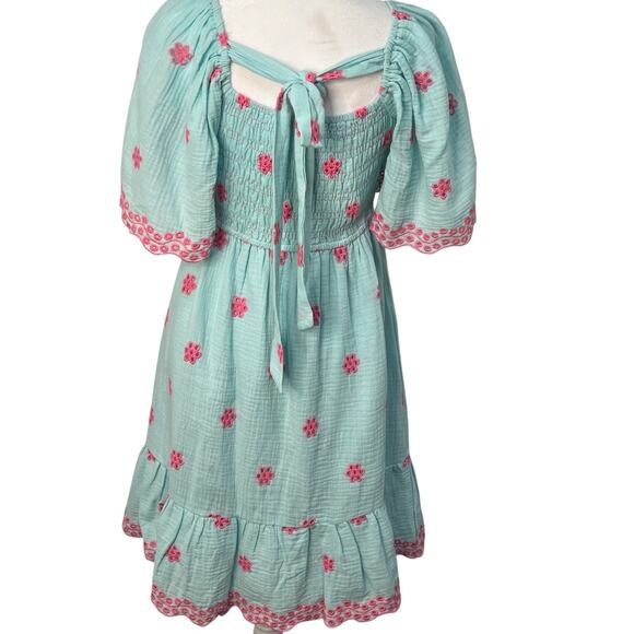 Easel Embroidered Smocked Tie Back Cotton Blue Ruffle Dress Small A Line Boho - Picture 7 of 14
